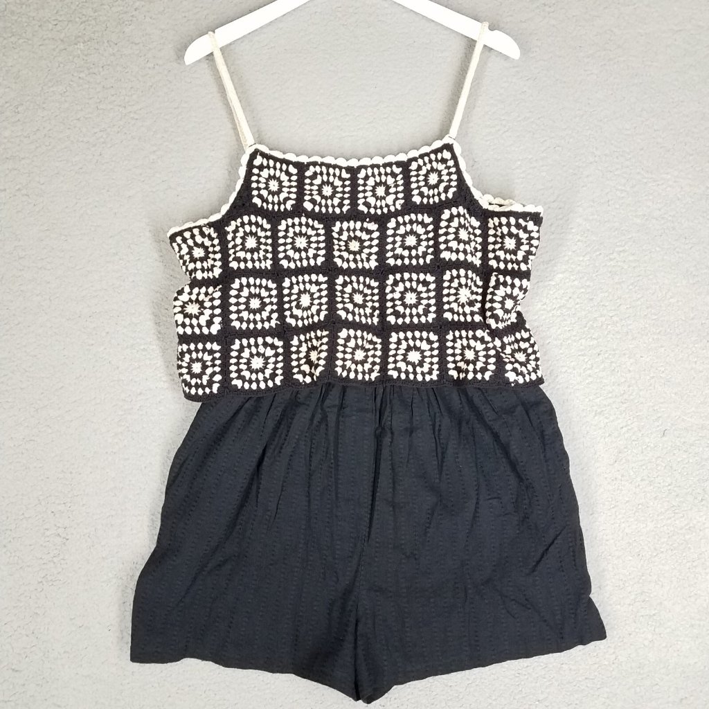 Lucky Brand Crochet Romper Womens Medium Black Shorts Granny Squares Summer